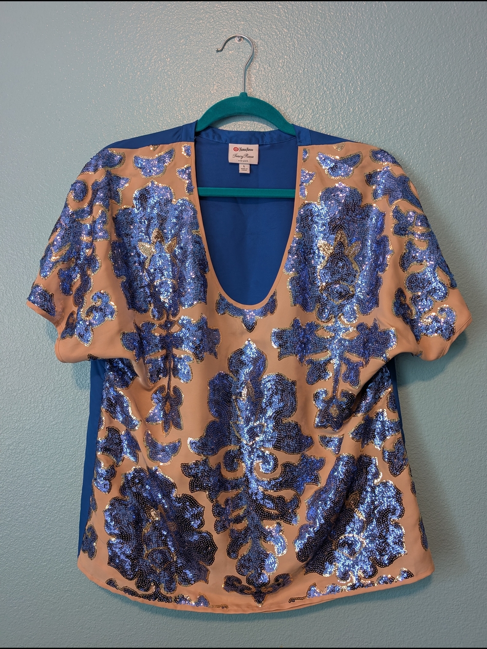 Tracy Reese Neiman Marcus for Target Cream Top with Blue Sequin Floral Motif